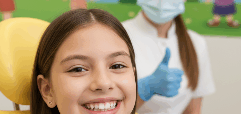 Pediatric dentist applying composite filling to a child’s tooth